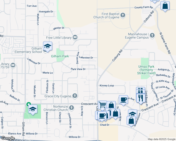 map of restaurants, bars, coffee shops, grocery stores, and more near 3085 Matt Drive in Eugene