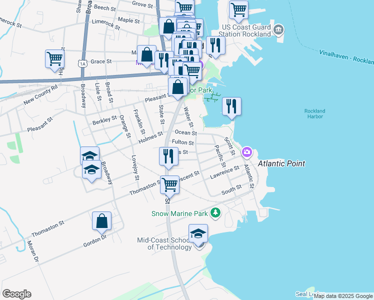 map of restaurants, bars, coffee shops, grocery stores, and more near 15 Otis Street in Rockland