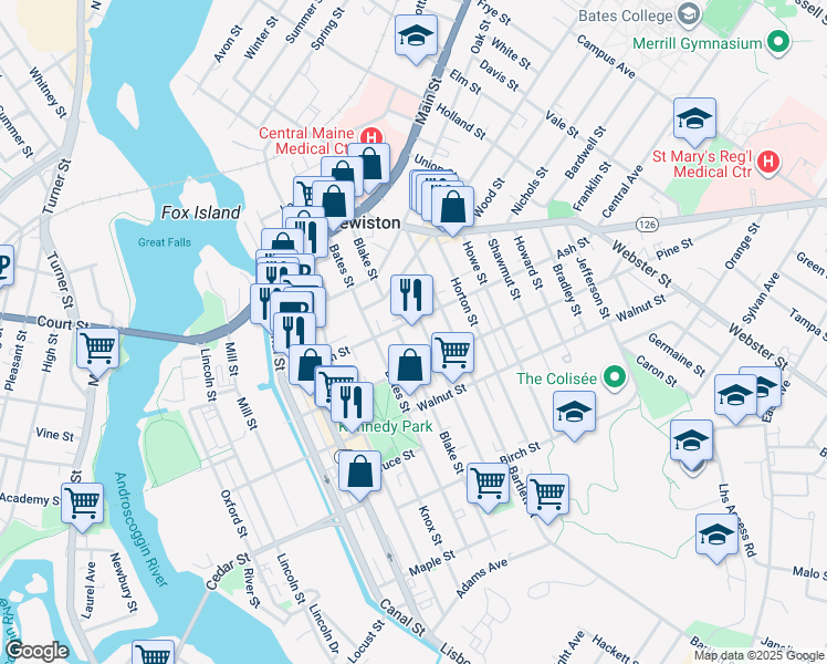 map of restaurants, bars, coffee shops, grocery stores, and more near 97 Blake Street in Lewiston