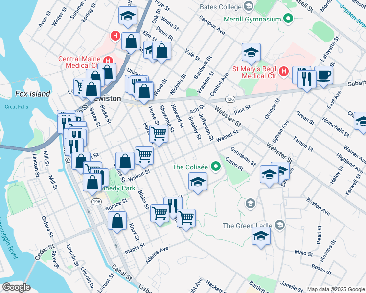 map of restaurants, bars, coffee shops, grocery stores, and more near 106 Walnut Street in Lewiston