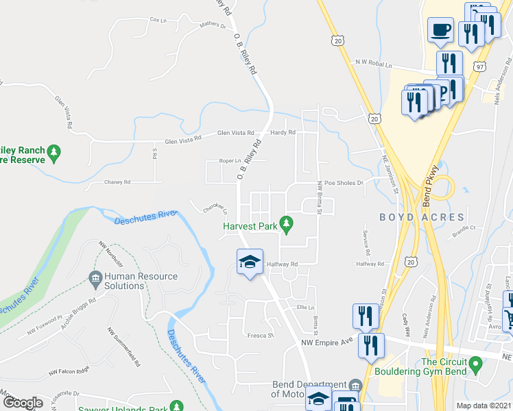map of restaurants, bars, coffee shops, grocery stores, and more near 63278 Northwest Newhall Place in Bend