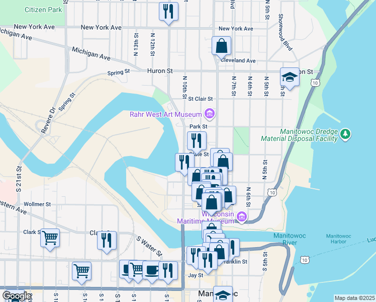 map of restaurants, bars, coffee shops, grocery stores, and more near 915 State Street in Manitowoc