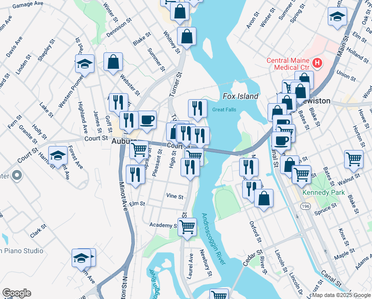 map of restaurants, bars, coffee shops, grocery stores, and more near 60 Court Street in Auburn