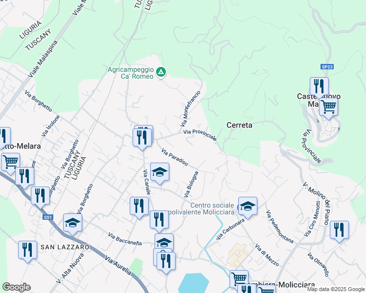 map of restaurants, bars, coffee shops, grocery stores, and more near 5 Via Paradiso in Colombiera-molicciara