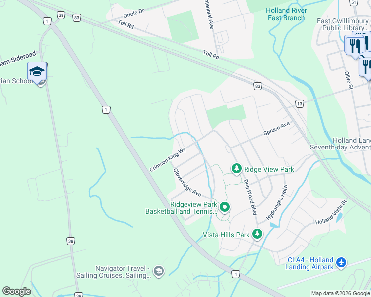 map of restaurants, bars, coffee shops, grocery stores, and more near Crimson King Way in East Gwillimbury
