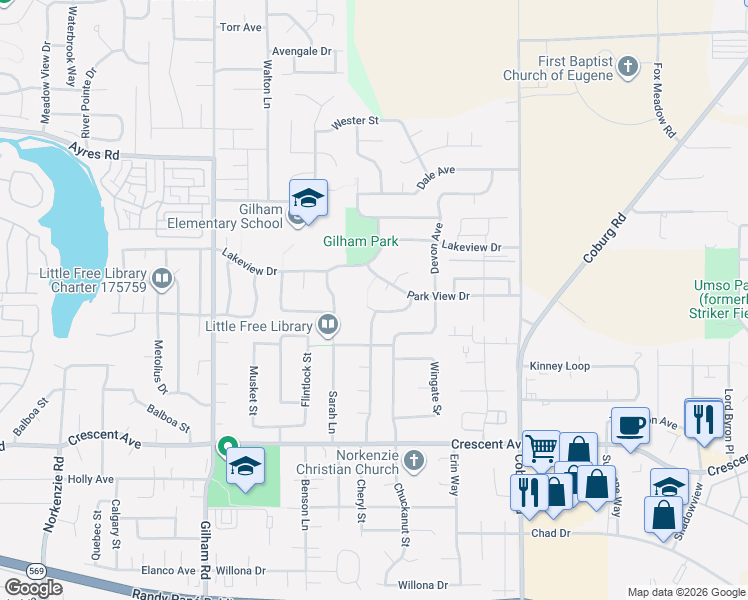 map of restaurants, bars, coffee shops, grocery stores, and more near 2325 Park Grove Lane in Eugene