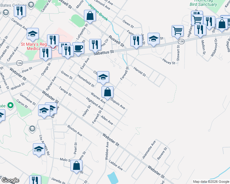 map of restaurants, bars, coffee shops, grocery stores, and more near 97 Farwell Street in Lewiston