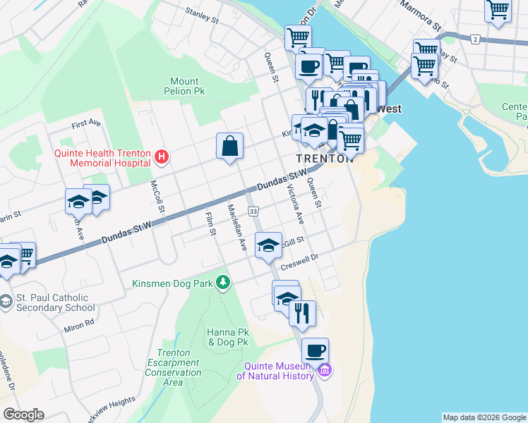 map of restaurants, bars, coffee shops, grocery stores, and more near 97 Wilkins Street in Quinte West