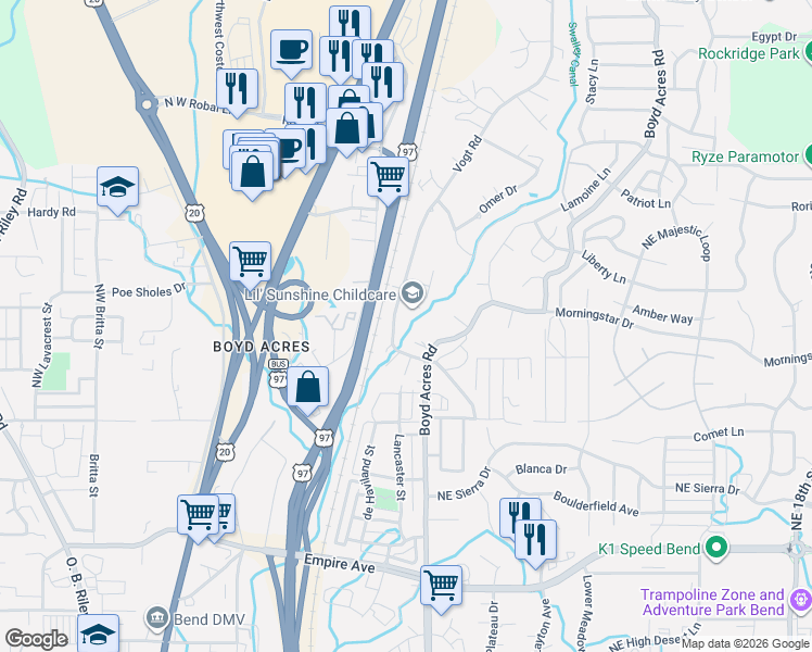 map of restaurants, bars, coffee shops, grocery stores, and more near 63259 Boyd Acres Road in Bend