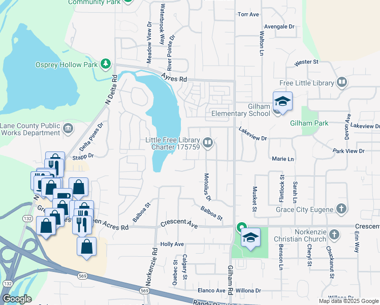 map of restaurants, bars, coffee shops, grocery stores, and more near 3102 Metolius Drive in Eugene