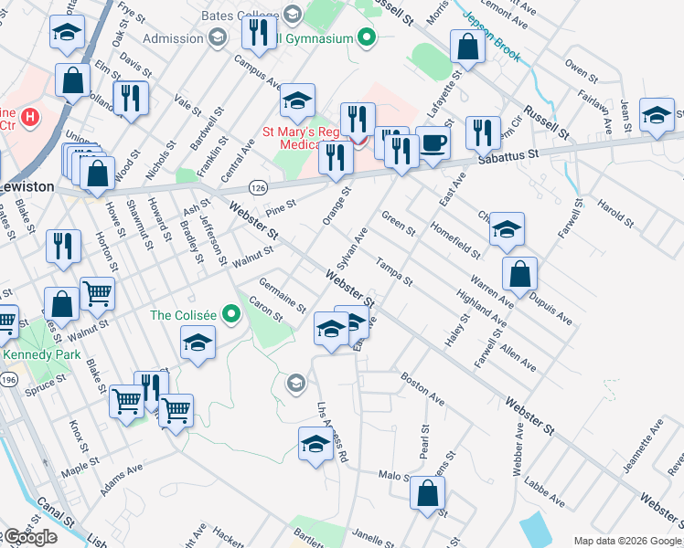 map of restaurants, bars, coffee shops, grocery stores, and more near 133 Webster Street in Lewiston