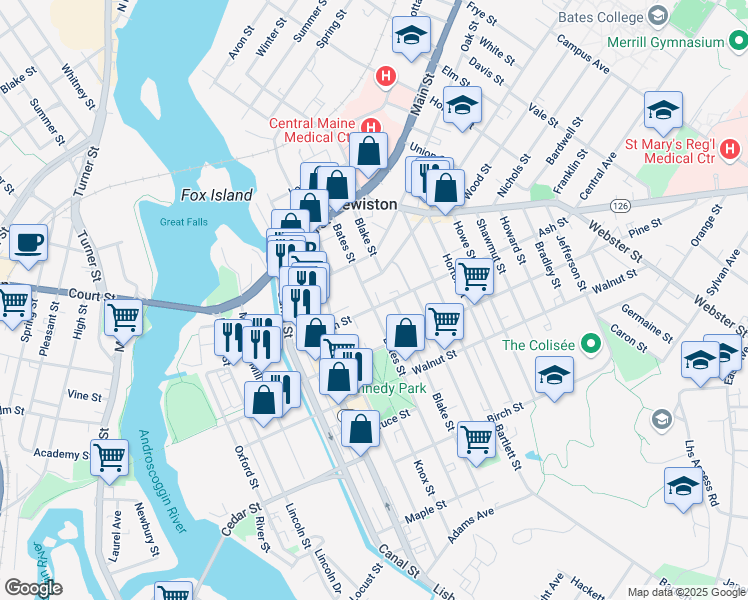 map of restaurants, bars, coffee shops, grocery stores, and more near 66 Ash Street in Lewiston