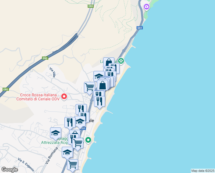 map of restaurants, bars, coffee shops, grocery stores, and more near 36 Lungo Mare A. Diaz in Ceriale