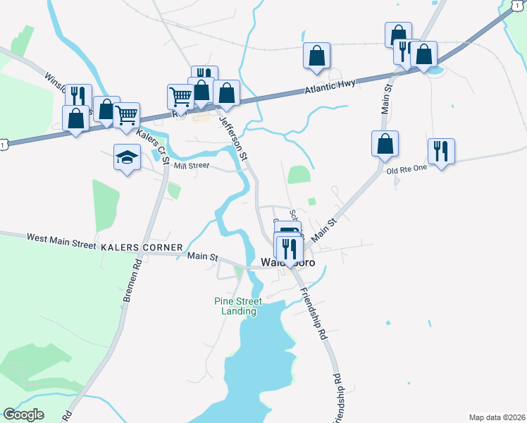 map of restaurants, bars, coffee shops, grocery stores, and more near 50 Glidden Street in Waldoboro