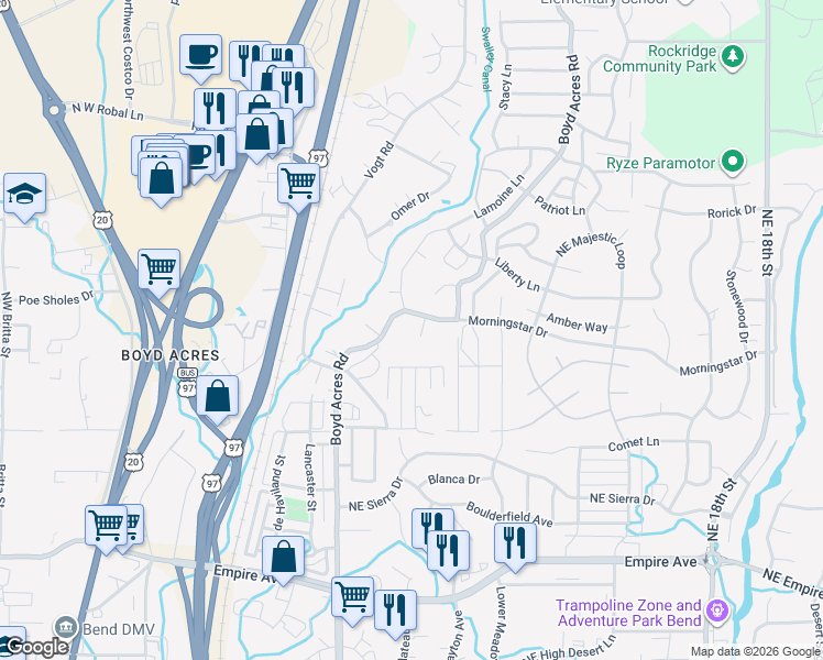 map of restaurants, bars, coffee shops, grocery stores, and more near 20631 White Wing Court in Bend