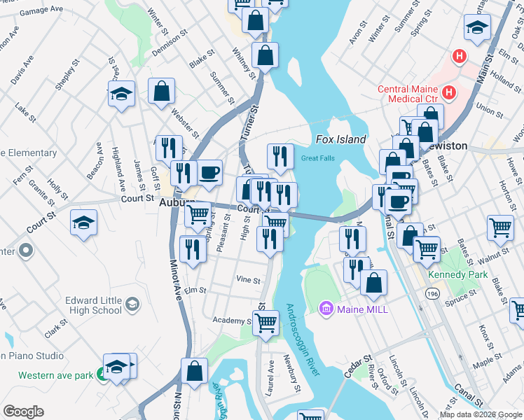 map of restaurants, bars, coffee shops, grocery stores, and more near 34 Court Street in Auburn