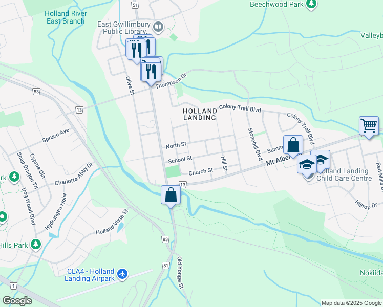 map of restaurants, bars, coffee shops, grocery stores, and more near in Holland Landing