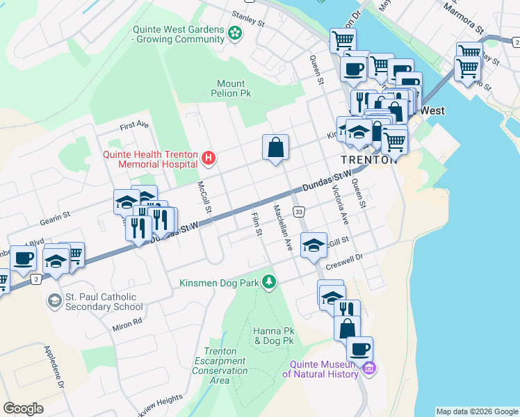 map of restaurants, bars, coffee shops, grocery stores, and more near 263 Dundas Street West in Quinte West