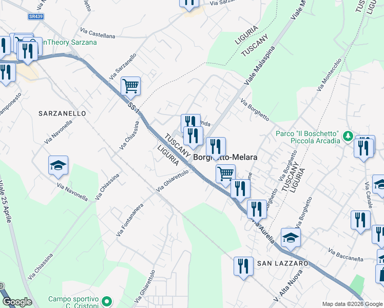 map of restaurants, bars, coffee shops, grocery stores, and more near 54 Strada Statale 1 in Borghetto-melara