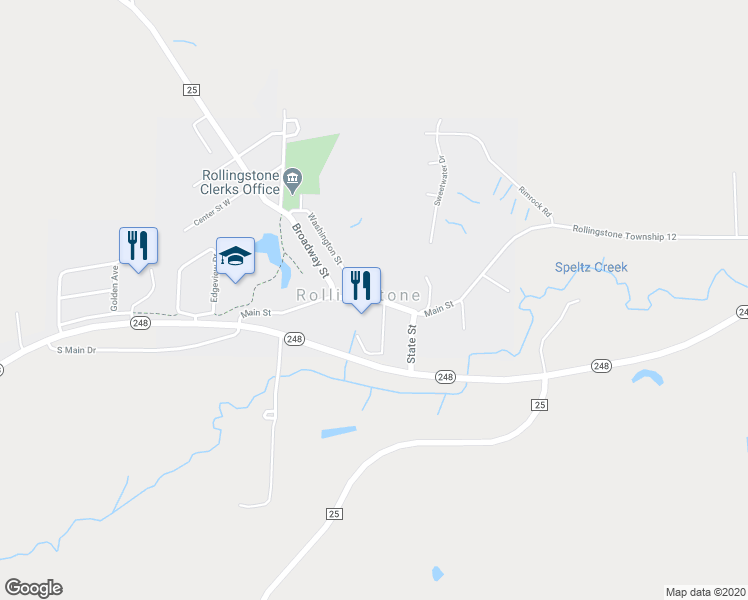 map of restaurants, bars, coffee shops, grocery stores, and more near 116 County Saint Aid Highway 25 in Rollingstone