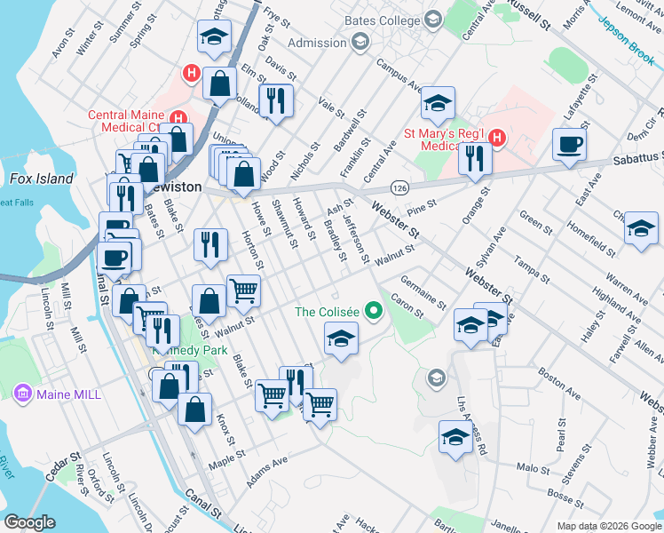 map of restaurants, bars, coffee shops, grocery stores, and more near 102 Walnut Street in Lewiston