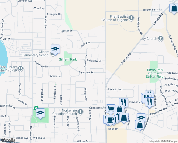 map of restaurants, bars, coffee shops, grocery stores, and more near 3078 Matt Drive in Eugene