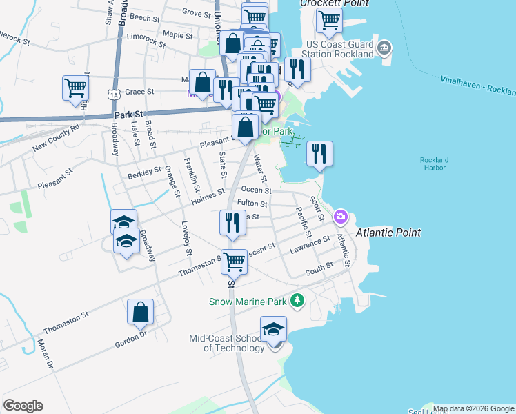 map of restaurants, bars, coffee shops, grocery stores, and more near 15 Otis Street in Rockland