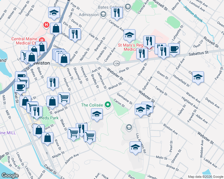 map of restaurants, bars, coffee shops, grocery stores, and more near 2 Caron Street in Lewiston