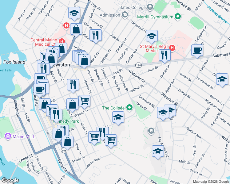 map of restaurants, bars, coffee shops, grocery stores, and more near 106 Walnut Street in Lewiston