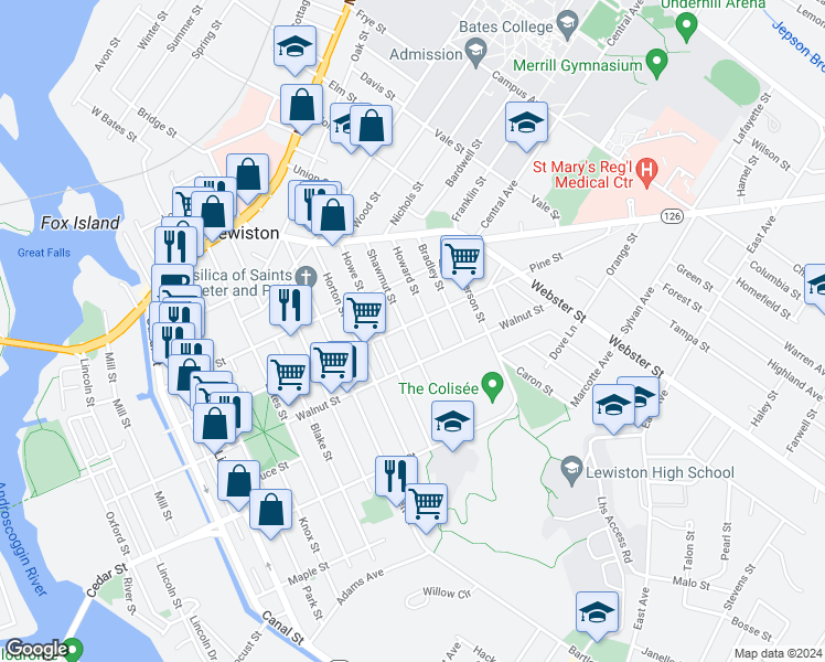 map of restaurants, bars, coffee shops, grocery stores, and more near 106 Walnut Street in Lewiston