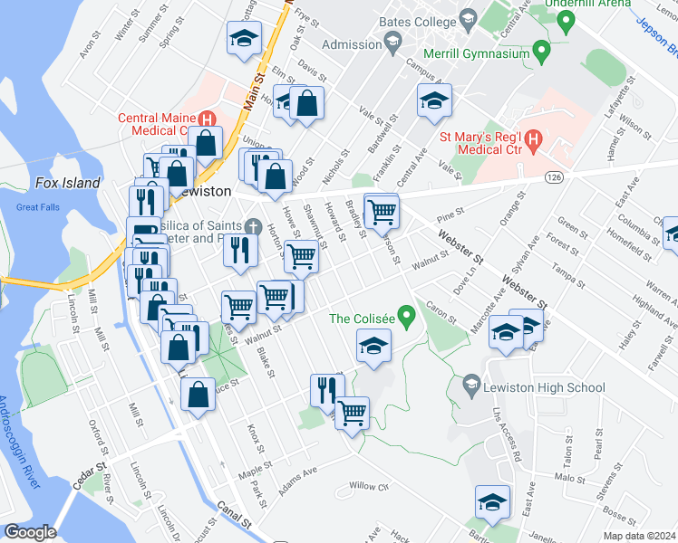 map of restaurants, bars, coffee shops, grocery stores, and more near 92 Howe Street in Lewiston