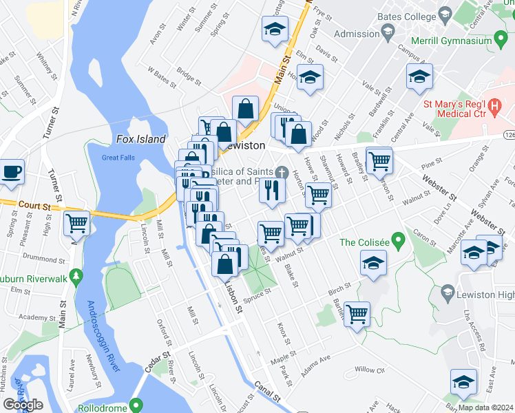 map of restaurants, bars, coffee shops, grocery stores, and more near 97 Blake Street in Lewiston