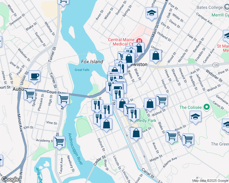 map of restaurants, bars, coffee shops, grocery stores, and more near 71 Lisbon Street in Lewiston