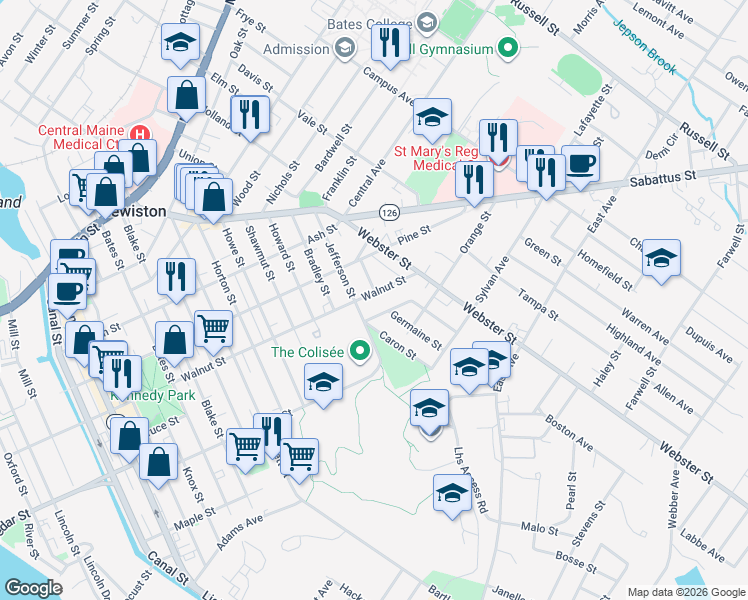 map of restaurants, bars, coffee shops, grocery stores, and more near 2 Caron Street in Lewiston
