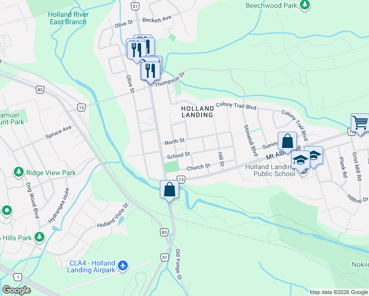map of restaurants, bars, coffee shops, grocery stores, and more near 119 Peter Street in East Gwillimbury