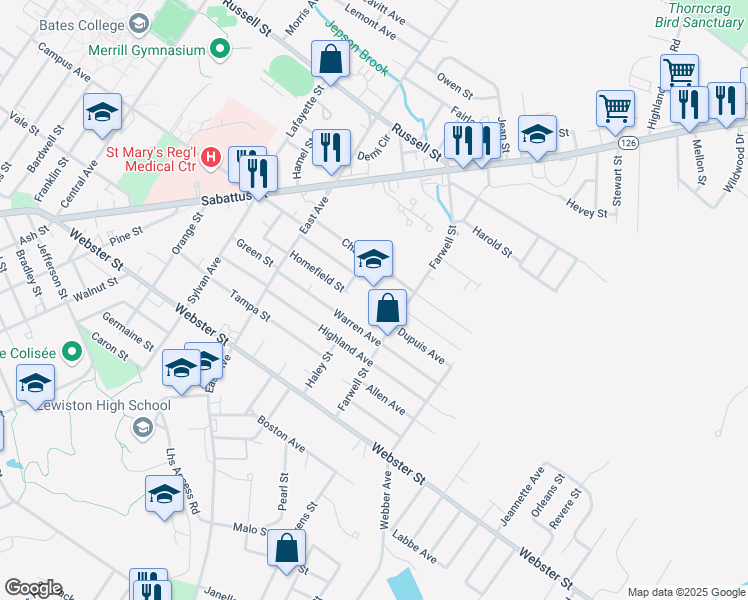 map of restaurants, bars, coffee shops, grocery stores, and more near 84 Farwell Street in Lewiston