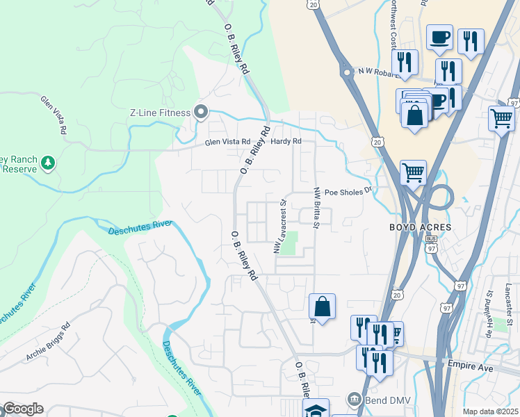 map of restaurants, bars, coffee shops, grocery stores, and more near 63281 Northwest Rossby Street in Bend