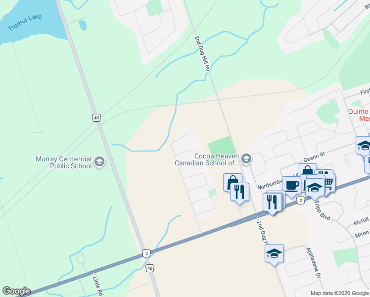 map of restaurants, bars, coffee shops, grocery stores, and more near 44 Liberty Crescent in Quinte West