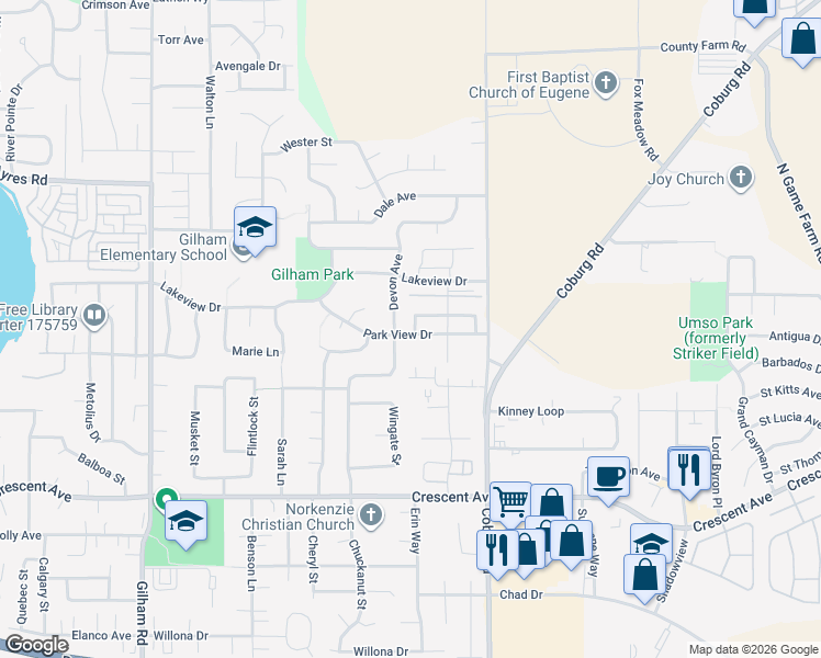 map of restaurants, bars, coffee shops, grocery stores, and more near 3078 Matt Drive in Eugene