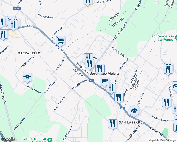 map of restaurants, bars, coffee shops, grocery stores, and more near 54 Via Aurelia in Borghetto-melara