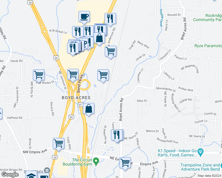 map of restaurants, bars, coffee shops, grocery stores, and more near 63269 Vogt Road in Bend