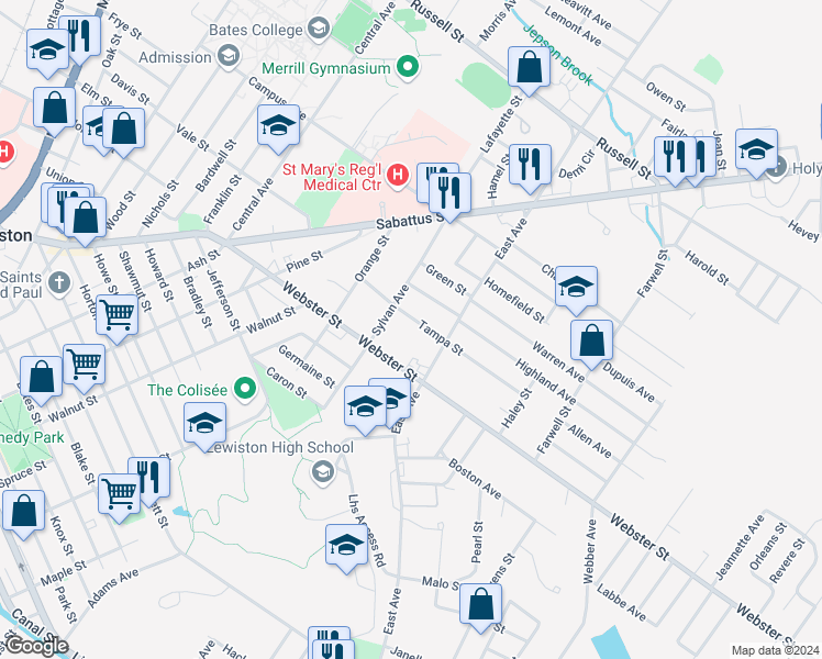 map of restaurants, bars, coffee shops, grocery stores, and more near 182 Webster Street in Lewiston