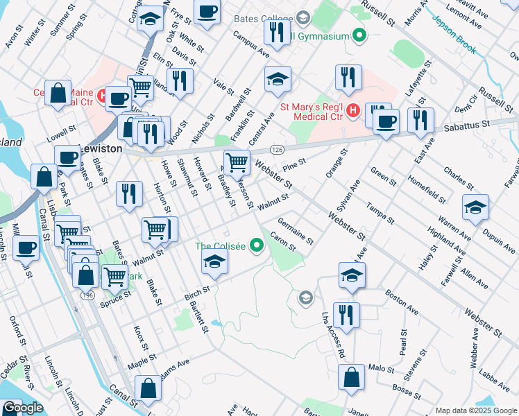 map of restaurants, bars, coffee shops, grocery stores, and more near 2 Caron Street in Lewiston