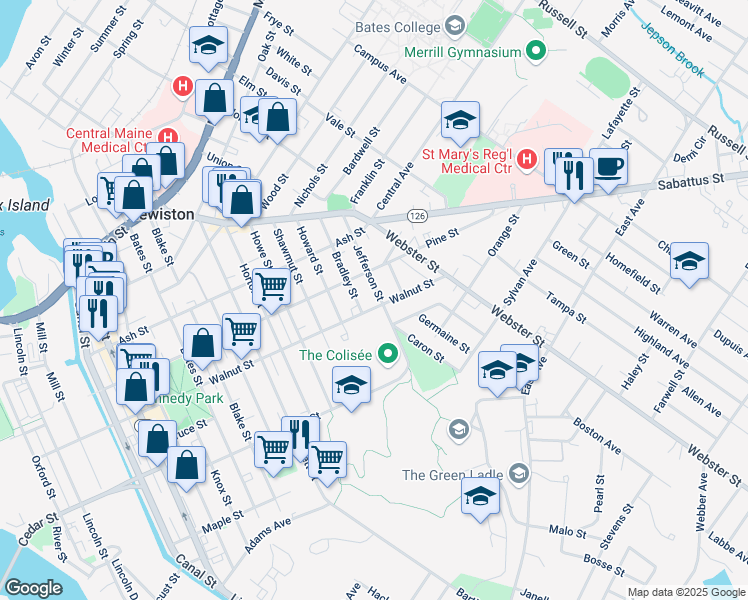 map of restaurants, bars, coffee shops, grocery stores, and more near 119 Walnut Street in Lewiston