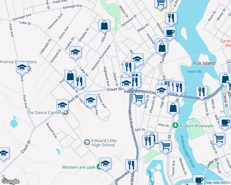 map of restaurants, bars, coffee shops, grocery stores, and more near 24 South Goff Street in Auburn