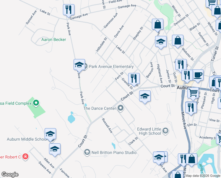 map of restaurants, bars, coffee shops, grocery stores, and more near 20 Dexter Avenue in Auburn