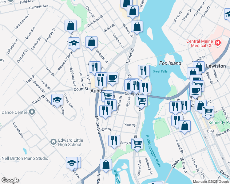 map of restaurants, bars, coffee shops, grocery stores, and more near in Auburn