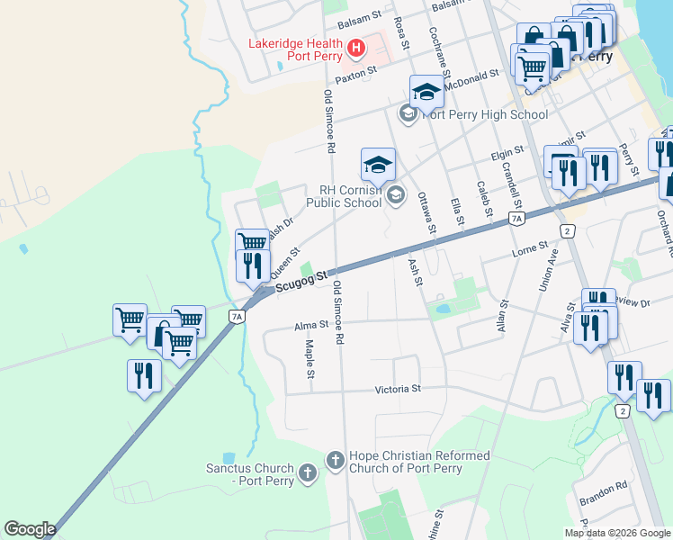 map of restaurants, bars, coffee shops, grocery stores, and more near in Regional Municipality of Durham