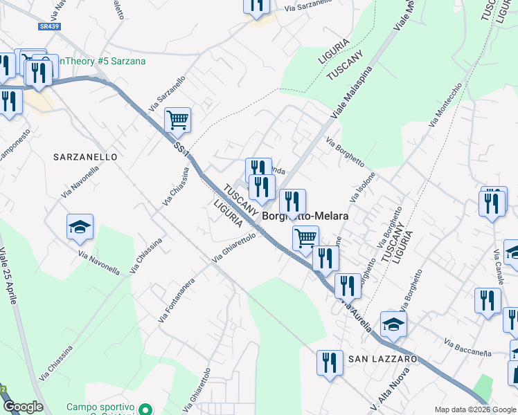 map of restaurants, bars, coffee shops, grocery stores, and more near 54 Via Aurelia in Borghetto-melara