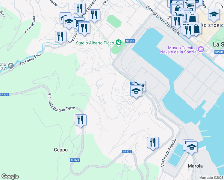 map of restaurants, bars, coffee shops, grocery stores, and more near 89 Via Paverano in La Spezia